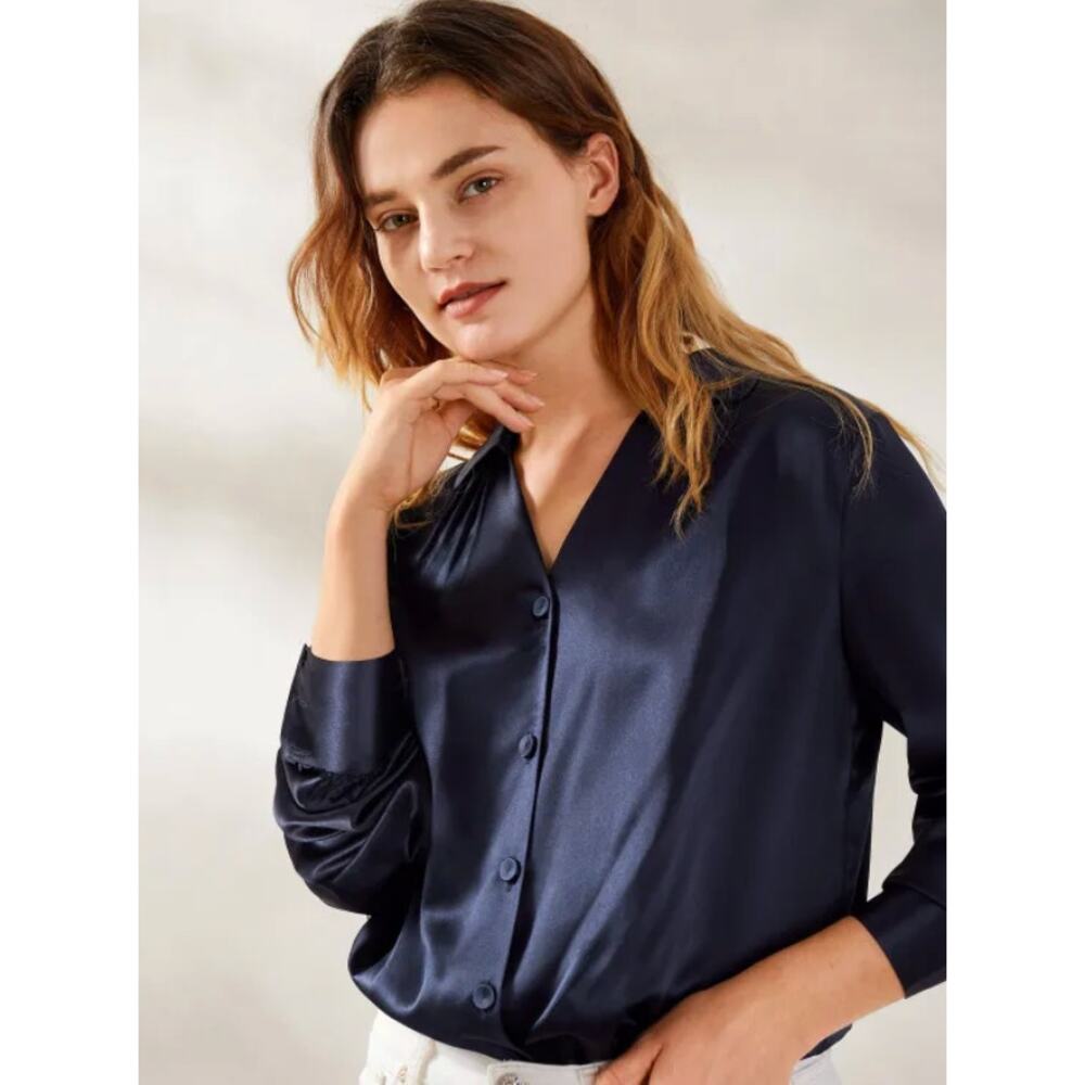 Mommesilk XS navy blue Retro French Long Sleeve Silk Blouse